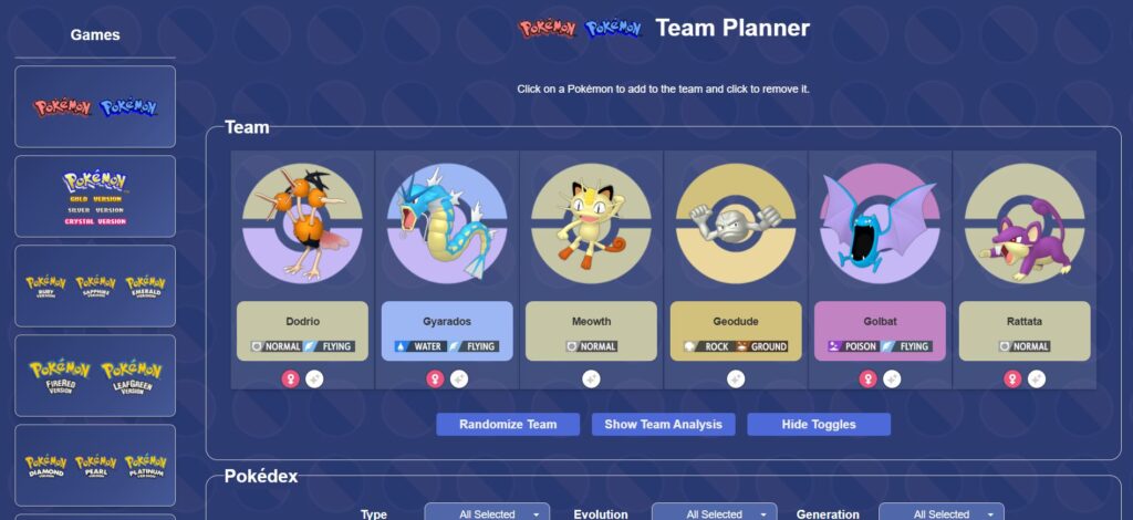Pokémon Team Planner interface