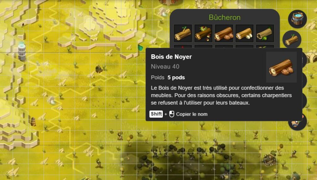 Map ressources Dofus intéractive DofusDB filtre Bûcheron