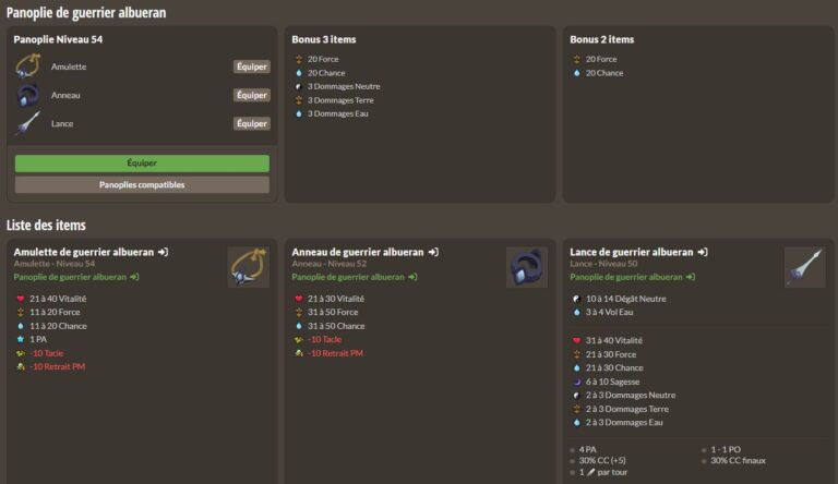Panoplie de guerrier albueran Dofus stats et items