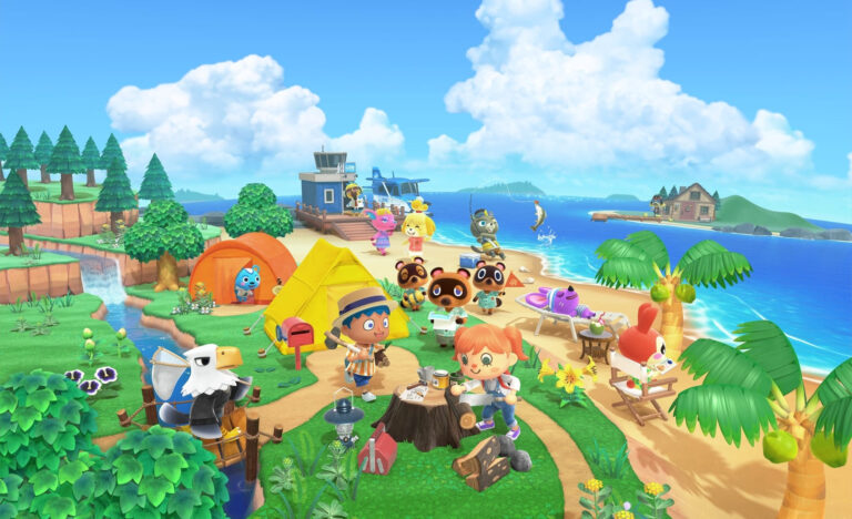 Artwork officiel Animal Crossing New Horizons avec les personnages sur l'ile