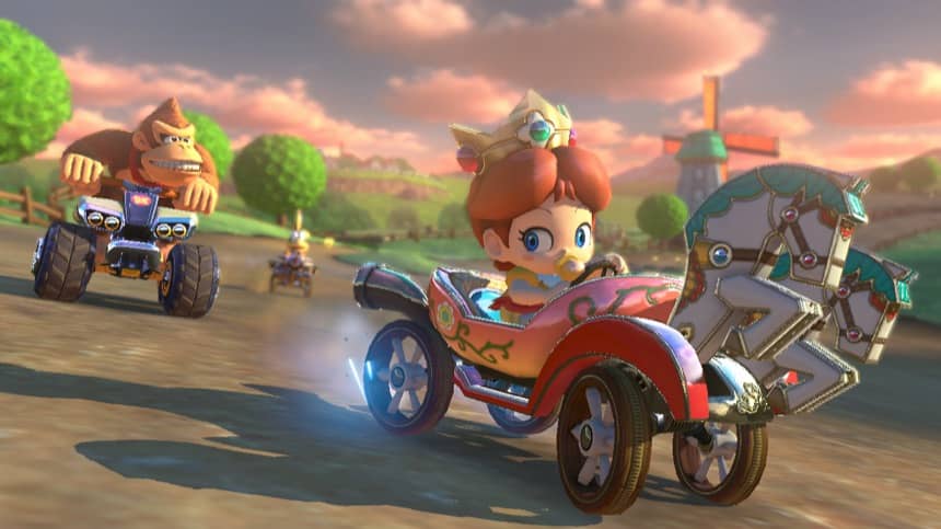 Bébé Daisy au volant dans Mario Kart 8 Deluxe, personnage léger avec une accélération fulgurante