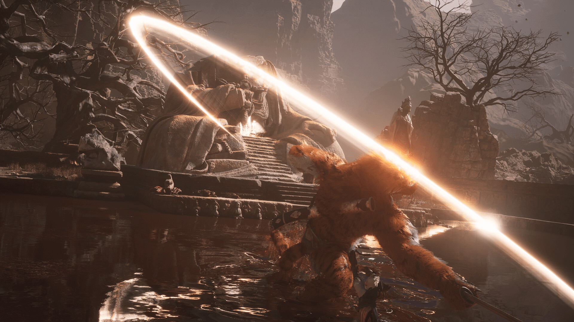 Attaque a la foudre d'une arme mythique de Black Myth: Wukong contre un boss