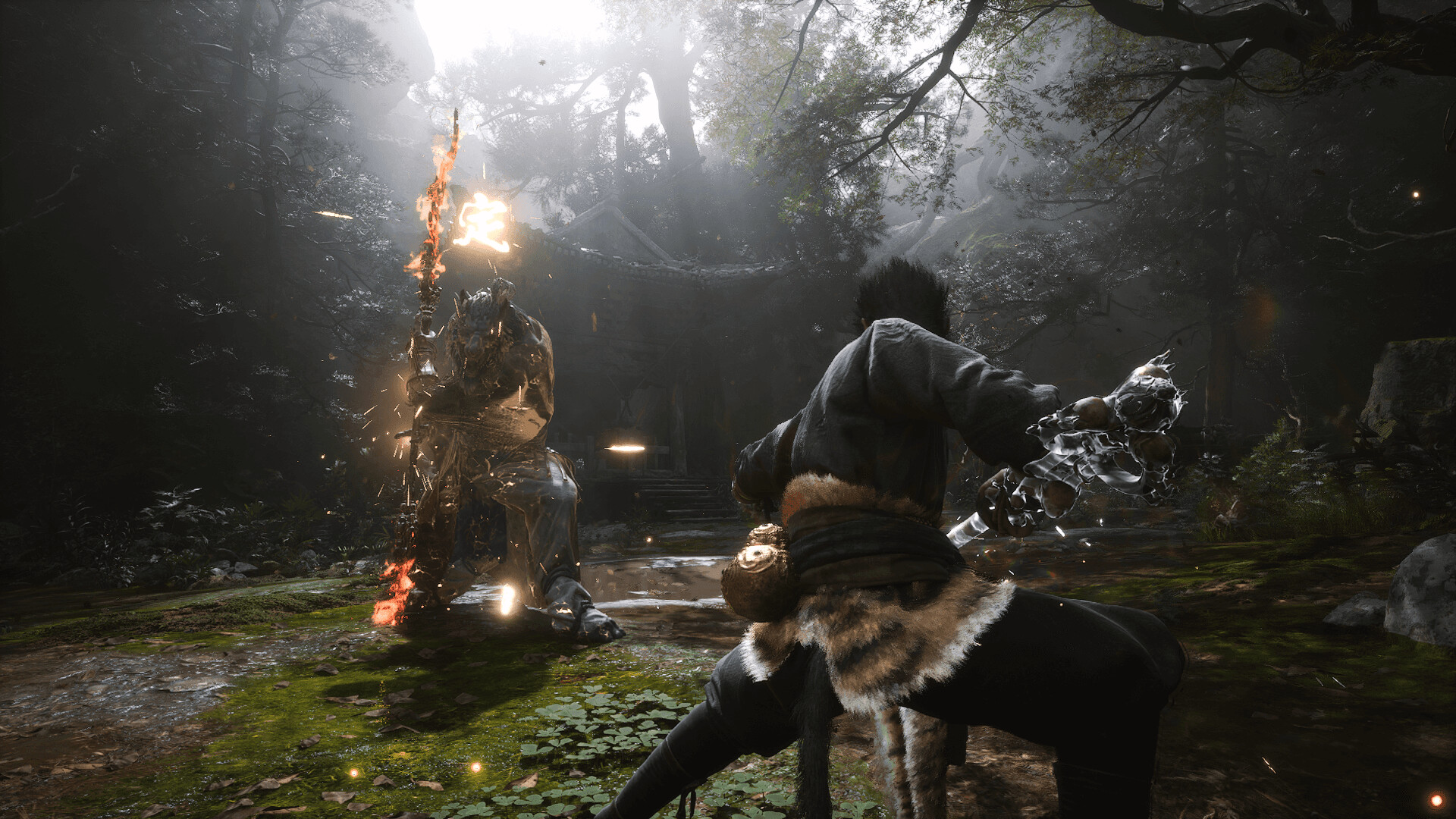 Combat avec une arme élémentaire dans Black Myth: Wukong, illustrant les meilleures armes du jeu