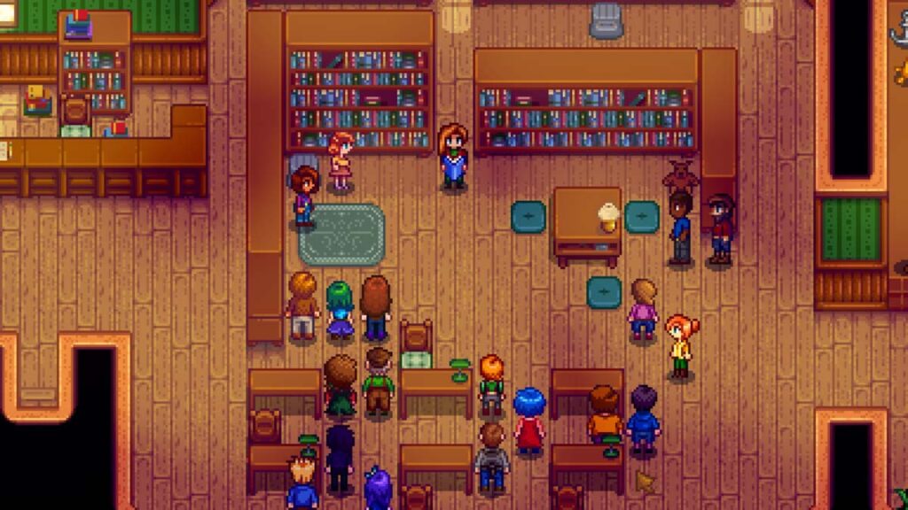 Elliott dans Stardew Valley lors de l'événement d'amitié des huit cœurs à la bibliothèque
