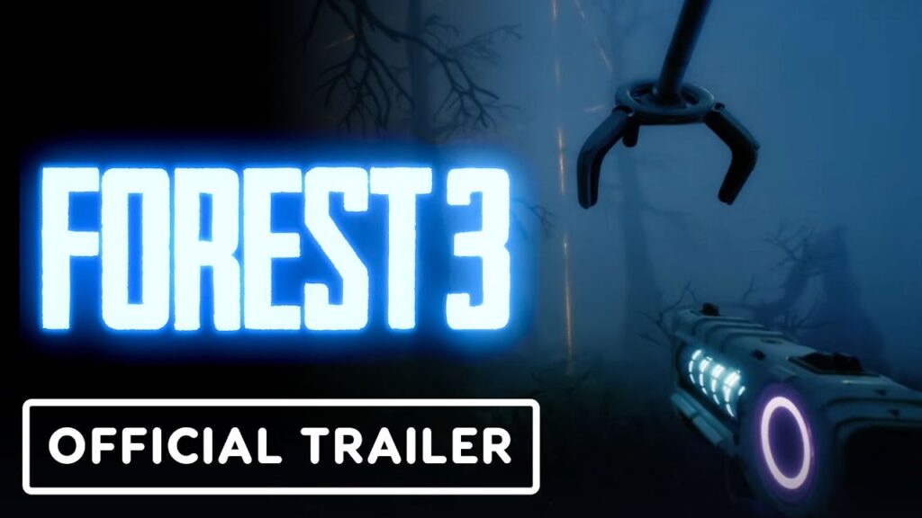 Image du trailer officiel de Forest 3, nouveau jeu de survie horrifique en science-fiction d'Endnight Games, montrant le logo du jeu et un bras mécanique futuriste