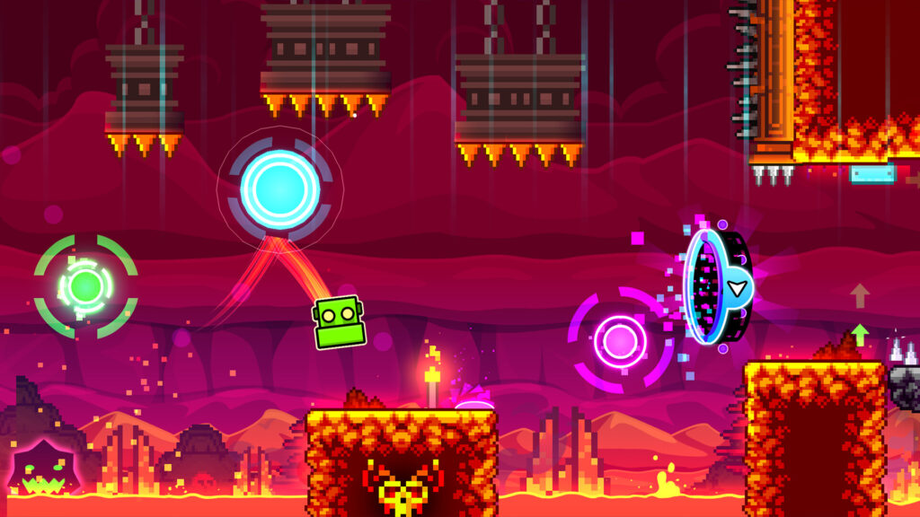 Capture d'ecran officielle de Geometry Dash montrant un niveau avec orbes et portails