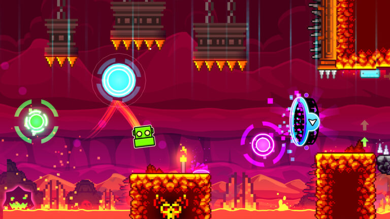 Capture d'ecran officielle de Geometry Dash montrant un niveau avec orbes et portails
