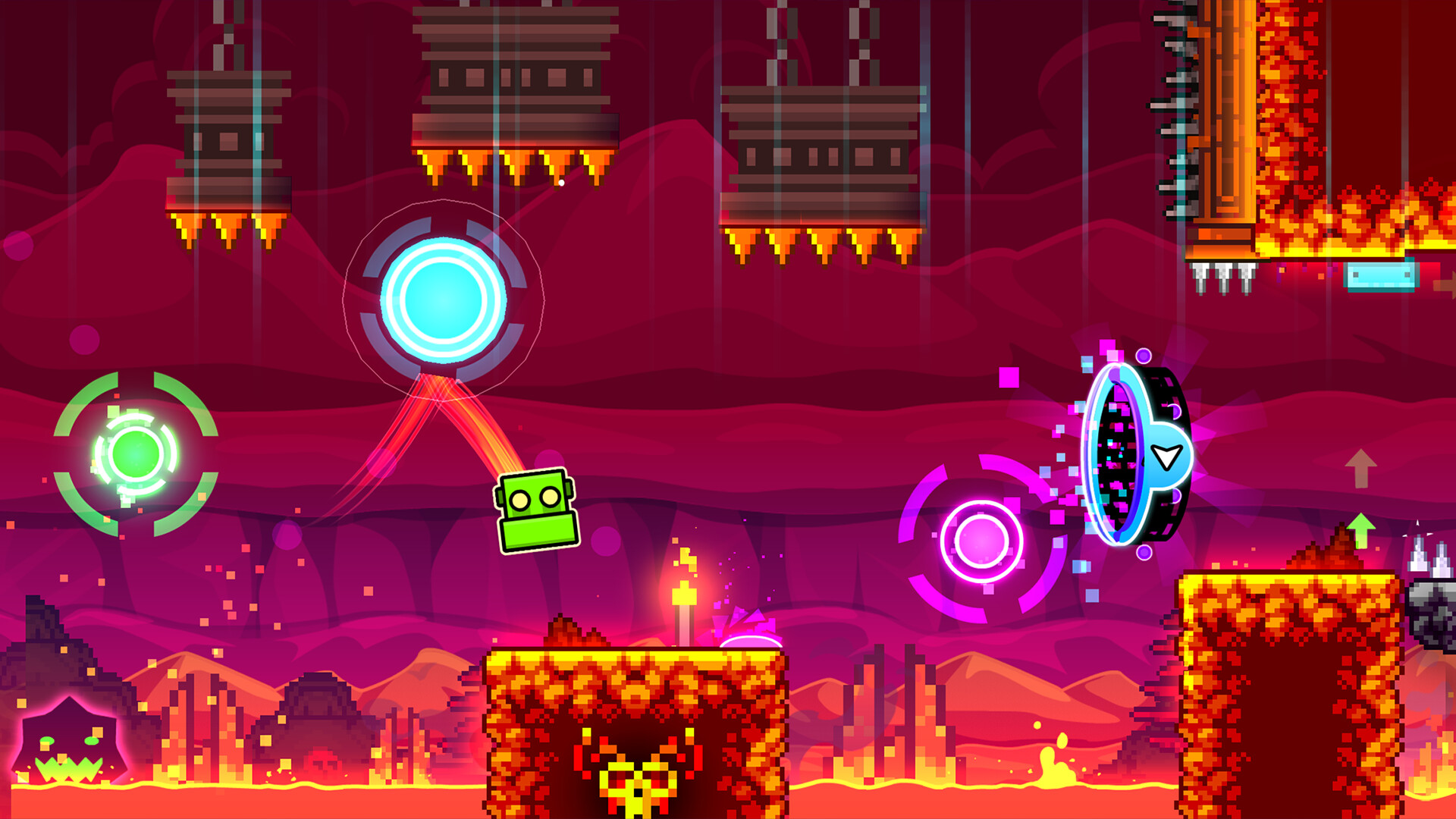 Capture d'ecran officielle de Geometry Dash montrant un niveau avec orbes et portails