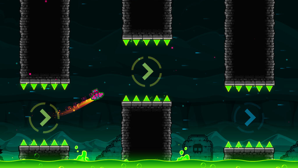Capture d'ecran officielle de Geometry Dash montrant un niveau souterrain avec pieges