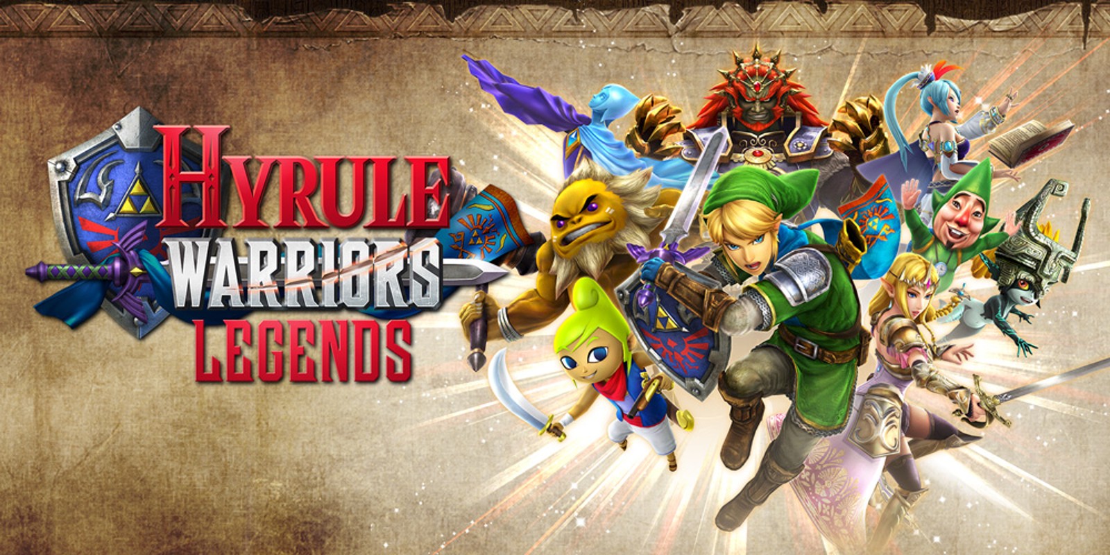 Artwork officiel de Hyrule Warriors Legends sur Nintendo 3DS avec Link, Zelda, Tetra et les héros du jeu