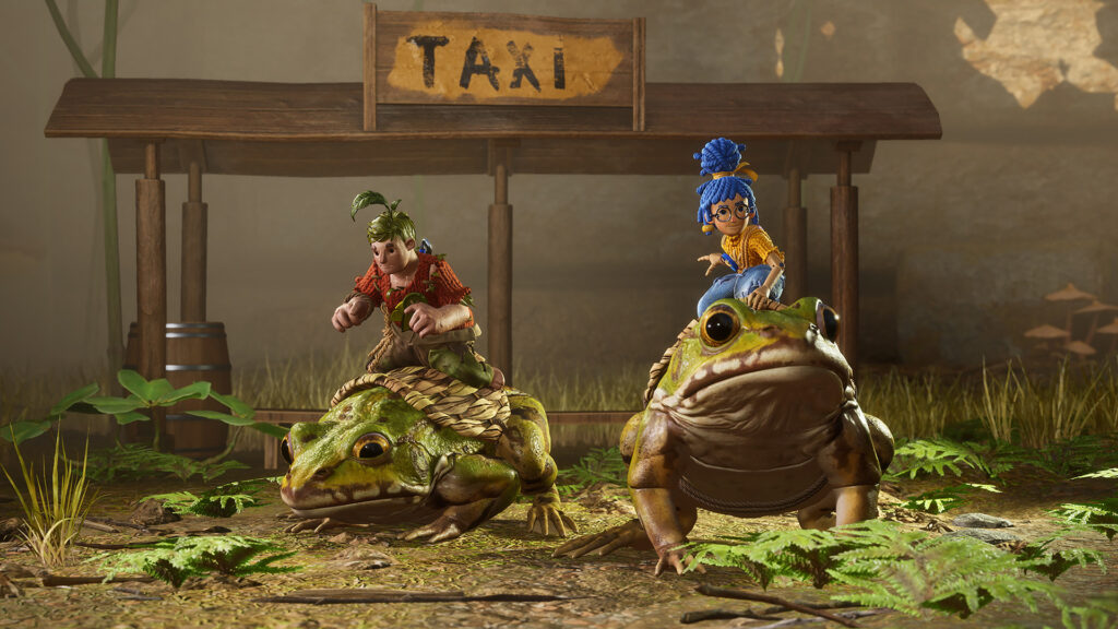 Cody et May, les deux personnages d'It Takes Two, chevauchant des grenouilles pres d'un arret de taxi