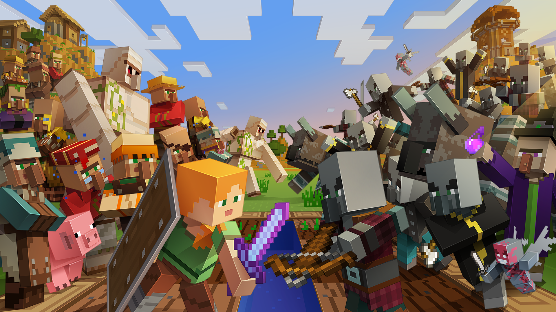 Illustration officielle Minecraft d'un village, représentant un serveur Minecraft communautaire comme Craftok