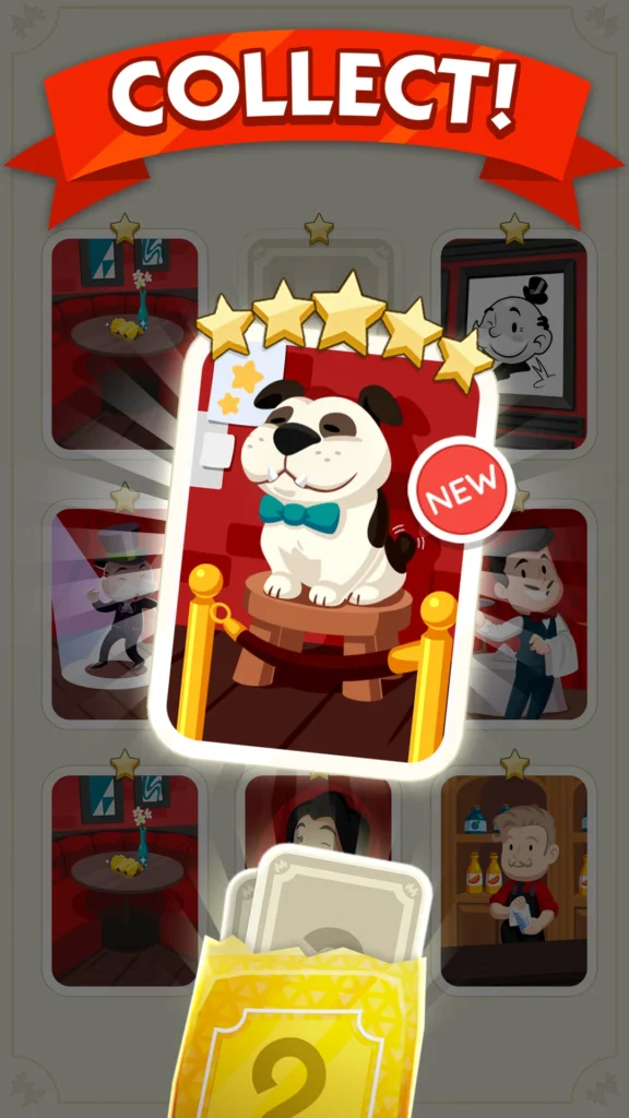 Écran de collection de stickers dans Monopoly GO, similaire aux packs obtenus grâce aux Diamants Loyalty du Club des Magnats