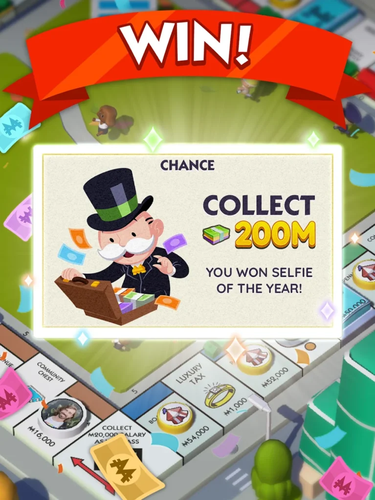 Capture d'écran officielle de Monopoly GO montrant une récompense Chance, illustrant les gains du Club des Magnats