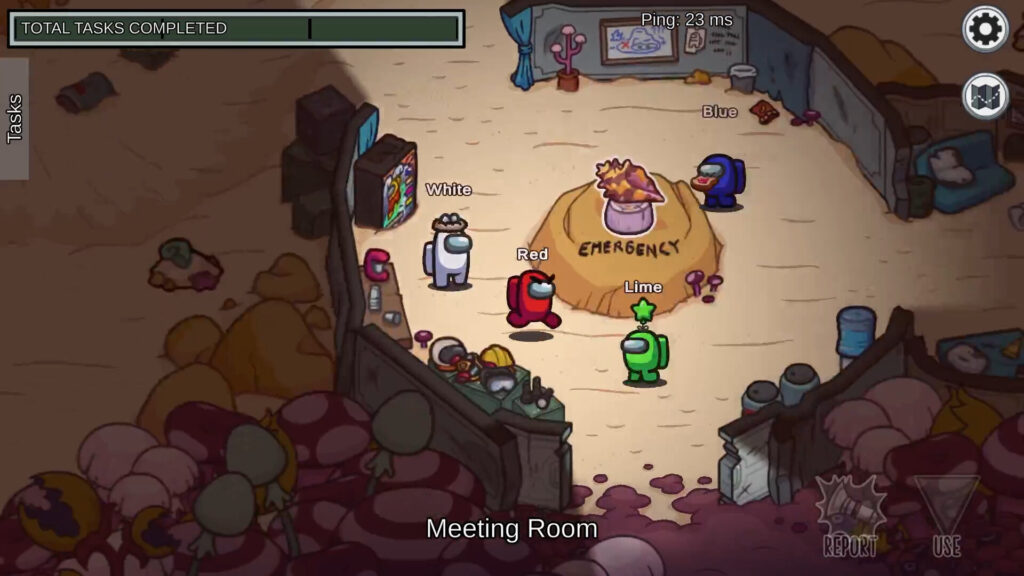 Personnages Among Us réunis dans la salle de réunion, illustrant l'univers du jeu qui évolue vers une version 3D à la première personne
