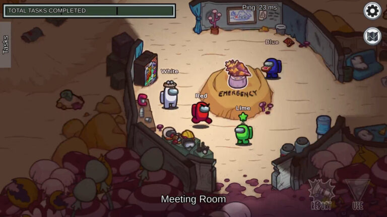 Personnages Among Us réunis dans la salle de réunion, illustrant l'univers du jeu qui évolue vers une version 3D à la première personne