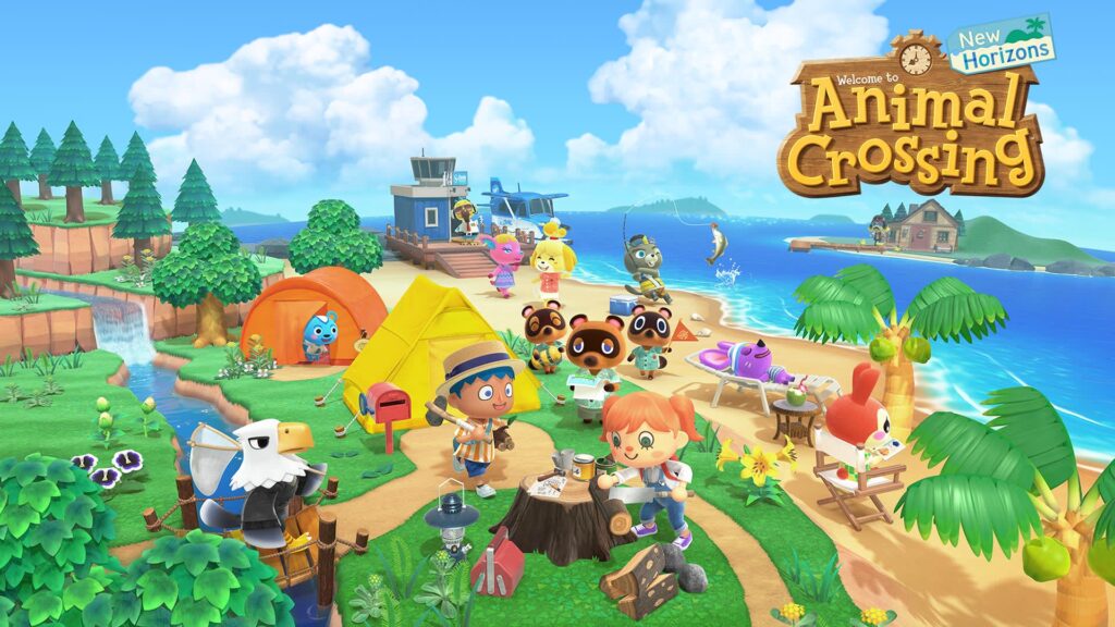 Key art officiel d'Animal Crossing: New Horizons montrant un personnage en train d'attraper un poisson sur la plage