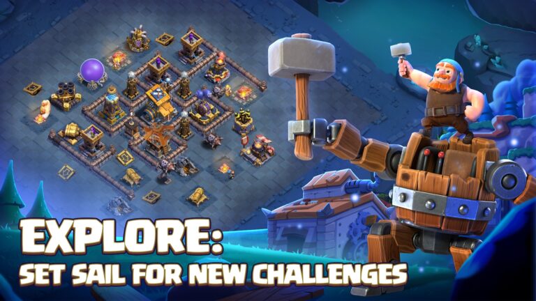 Illustration officielle de Clash of Clans montrant un village fortifié et un bétisseur