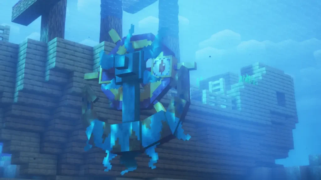 Un Pokémon aquatique de type Gyarados généré par le mod Cobblemon dans un décor sous-marin Minecraft