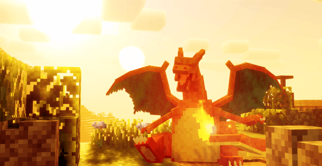 Capture d'écran officielle du mod Cobblemon montrant un Charizard au coucher du soleil