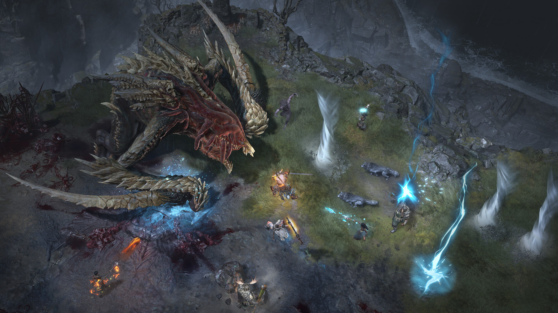 Capture d'écran officielle de Diablo IV montrant un combat de groupe contre un boss dragon