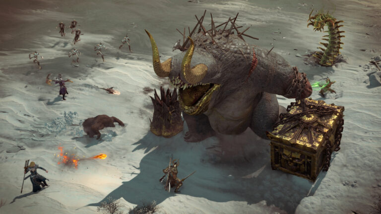 Capture d'écran officielle de Diablo IV montrant un combat de boss dans un environnement enneigé