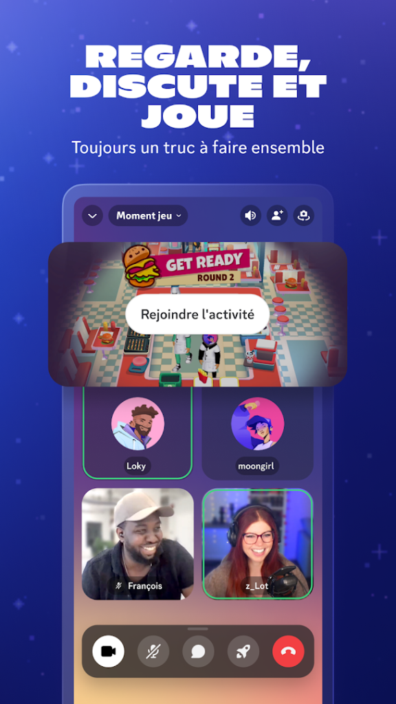 Capture d'écran officielle de l'application Discord montrant un appel vidéo de groupe