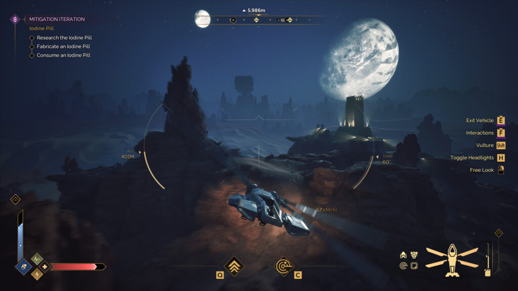 Capture d'écran officielle de Dune: Awakening montrant un ornithoptére en vol au-dessus d'Arrakis pendant une quéte de recherche