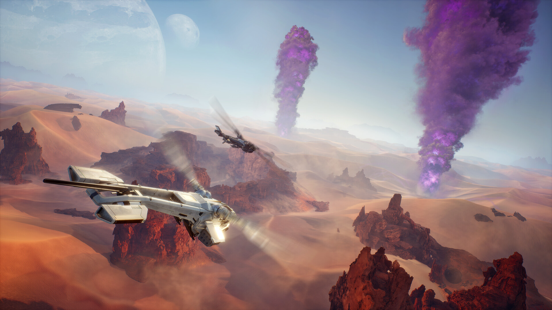 Capture d'écran officielle de Dune: Awakening montrant un combat entre vaisseaux au-dessus du désert