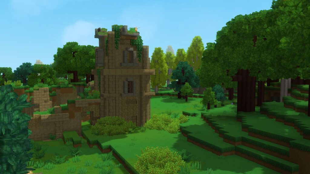 Capture d'écran officielle de Hytale montrant une tour en ruines envahie par la végétation, illustrant l'univers moddable du jeu