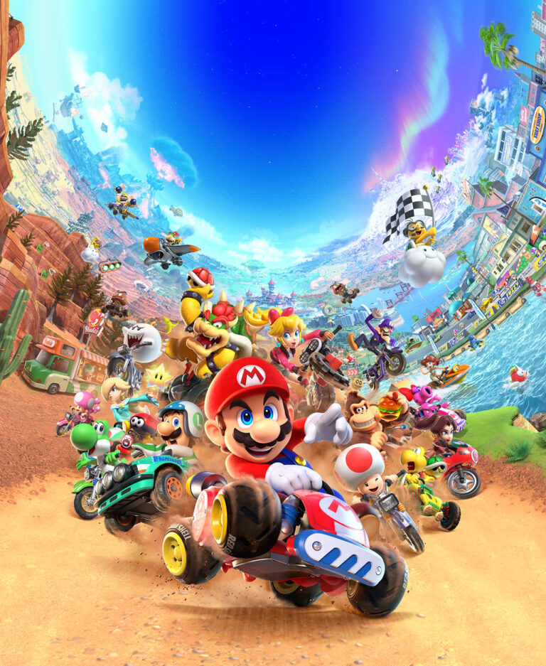 Illustration officielle de Mario Kart World réunissant tous les personnages jouables sur Nintendo Switch 2