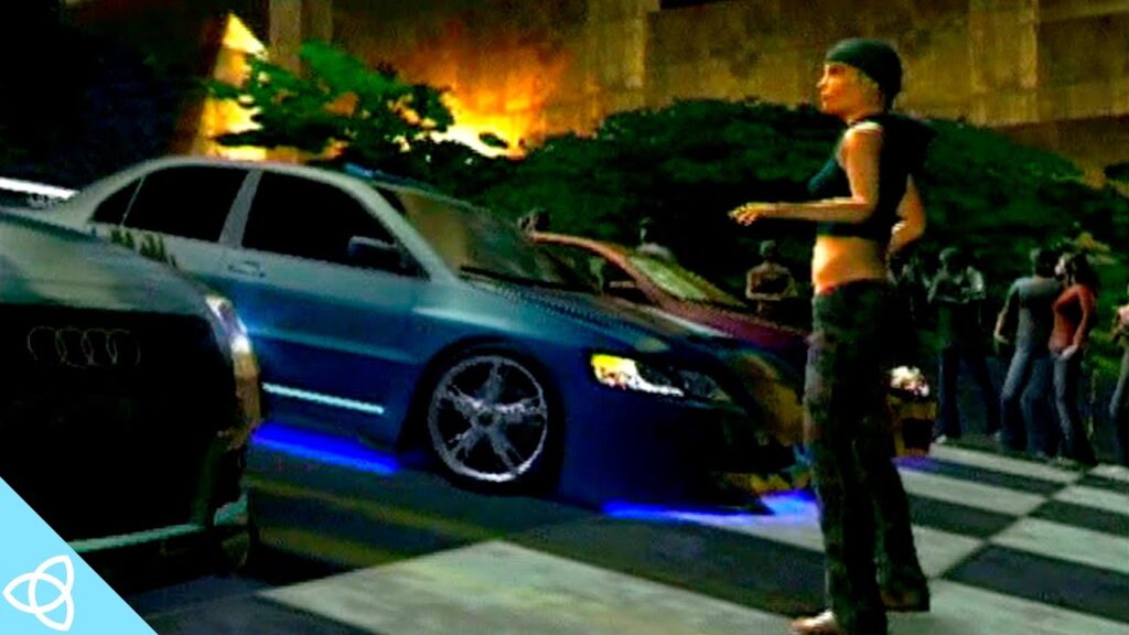 Capture d'écran de Need for Speed: Underground 2 montrant une voiture tunée illuminée de néons bleus en pleine course nocturne