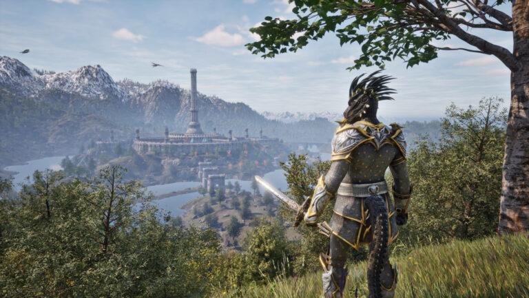 Capture d'écran officielle d'Oblivion Remastered montrant un personnage face é un panorama