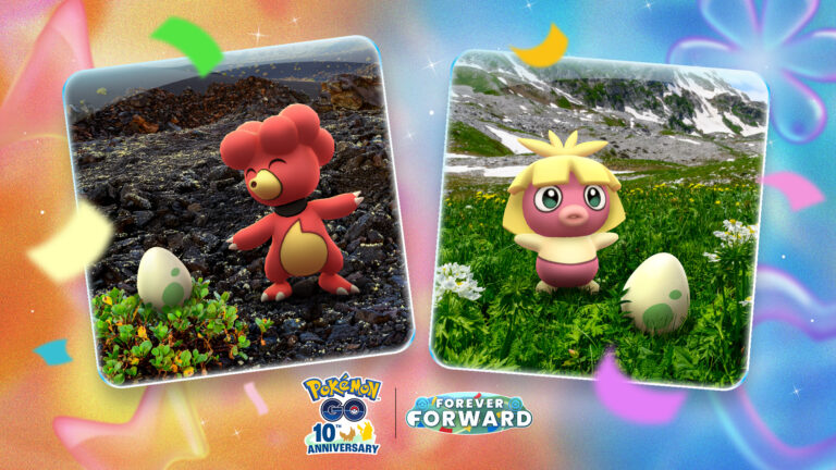 Artwork officiel de Pokémon GO montrant des Pokémon capturés en réalité augmentée dans un décor naturel