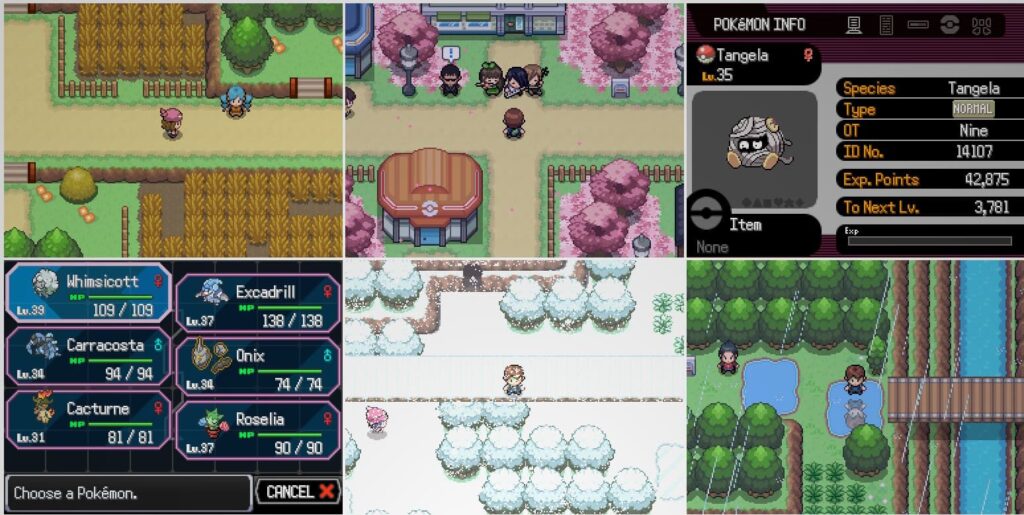 Montage de captures d'écran du fan game Pokémon Hollow Woods montrant l'exploration, les combats et l'interface du jeu