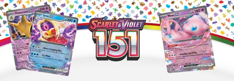 Artwork officiel de l'extension Pokémon TCG Scarlet & Violet—151, avec les cartes Mew ex et Jynx ex