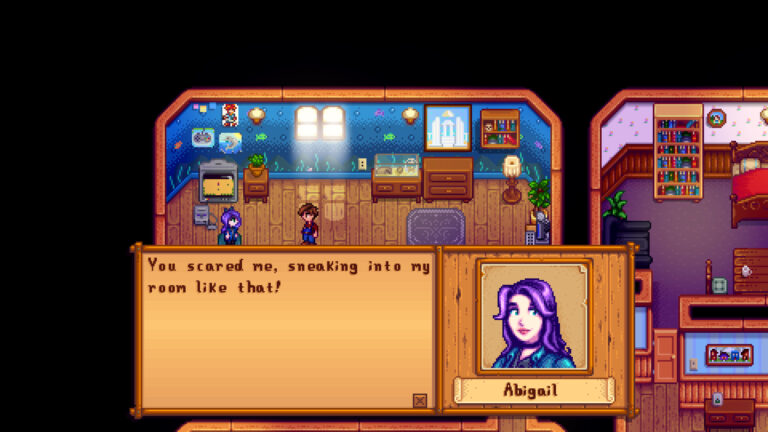 Scène de dialogue avec Abigail dans une chambre de Stardew Valley, illustrant les relations entre personnages autour de Sebastian