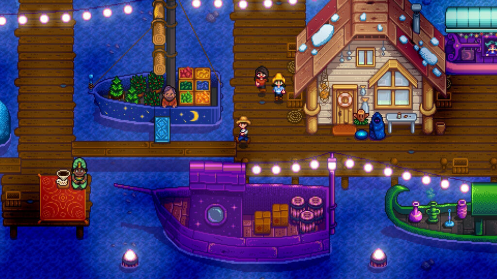 Scène nocturne sur les quais de Stardew Valley, ambiance propice à la pêche de poissons rares comme le Poisson-globe