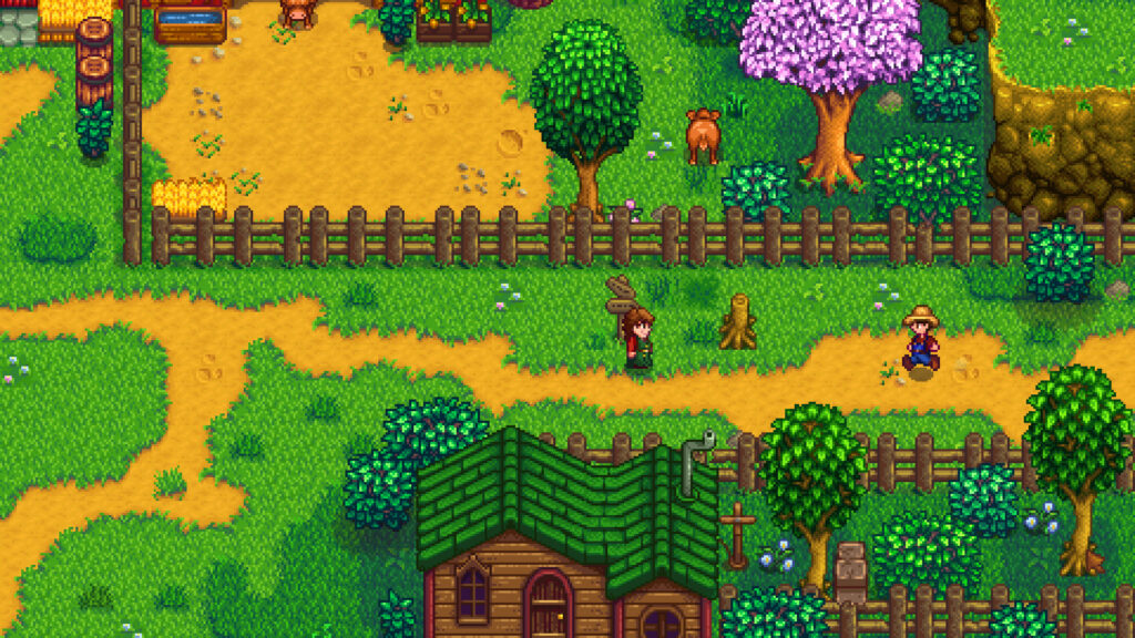 Scène de vie villageoise printanière dans Stardew Valley, illustrant les interactions entre personnages comme Harvey