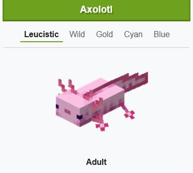 Rendu en jeu d'un axolotl de couleur Leucistic (rose) adulte sur Minecraft
