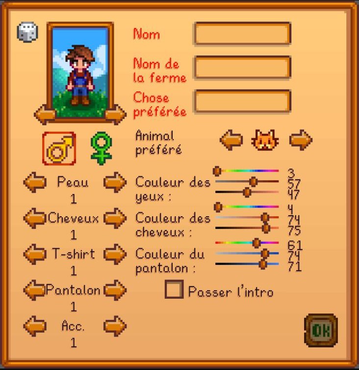 Ecran de creation de personnage sur Stardew Valley montrant le champ chose preferee en francais