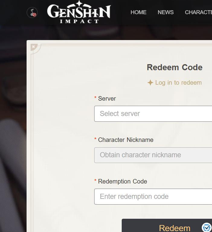 Capture de la page officielle Genshin Impact pour entrer un code de redemption